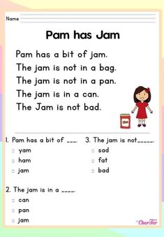 a worksheet with the words pam has jam written in english and an image of a