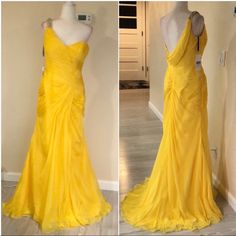 two pictures of a yellow dress on display