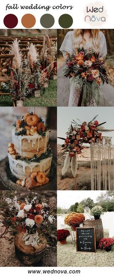 wedding color palettes with flowers and feathers on the top, bottom, bottom right