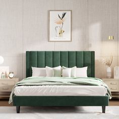 a bed with green headboard and pillows in a white room next to dressers