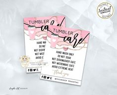 two pink and gold wedding cards with the words tumbler to tumbler care on them