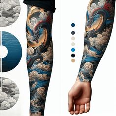 an image of a dragon tattoo on someone's arm and leg with clouds in the background