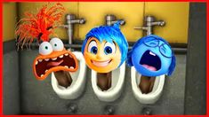 three cartoon characters hanging from urinals with their mouths open and eyes wide open