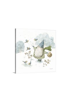 a card with an image of a gnome in the snow and birds flying around it