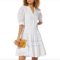 Maje Appreciation Of Feminine Conventions Is Evident In This Mini Skater Dress. Imagined In Guipure Lace, The Thigh-Grazing Silhouette Is Gathered At The Bottom For A Voluminous Skirt That Leads To An Elegantly Panelled V-Neck Bodice Its Perfect For Summer Styling. Cotton Guipure Lace. V-Neckline. Short Loose Sleeves Gathered At The Bottom. Panelling At The Waist. Concealed Zip In The Centre Of The Back And Small, Covered Buttons In The Front. Opening At The Back. Size: 10 Us / Xl Knee-length Broderie Anglaise Midi Dress, Feminine Knee-length Midi Dress With Broderie Anglaise, Feminine Knee-length Mini Dress For Daytime, Casual Midi Dress With Broderie Anglaise, Casual Broderie Anglaise Midi Dress, Knee-length Broderie Anglaise Dress For Daywear, Elegant Broderie Anglaise Mini Dress For Daywear, Broderie Anglaise Knee-length Dress For Daywear, Fitted Midi Dress With Broderie Anglaise For Day Out