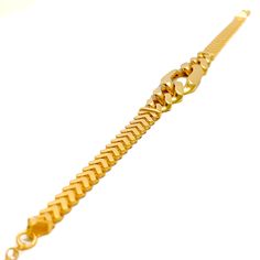 This 22k gold bracelet, weighing 9.2 grams, features a golden and elegant design that exudes sophistication and timeless beauty. The yellow gold finish enhances its luxurious and radiant appearance. Measuring 8.25 inches in length with an additional 1 inch of adjustable links, this bracelet is secured with a lobster lock for added safety and convenience. Ideal for those who appreciate refined beauty and exquisite craftsmanship, this stunning bracelet is a standout addition to any jewelry collection. PRODUCT DETAILS Gold Purity(karat): 22k Gold Weight(grams): 9.2 Item Finish: Yellow Gold Bracelet Length: 8.25" Adjustable Links: 1" Lock Style: Lobster Lock Formal Gold-plated Flexible Bracelets, Classic 22k Yellow Gold Bracelets, Classic 22k Yellow Gold Bracelet, Gold Plated Flexible Chain Bracelet, Flexible Gold-plated Bracelet, Hallmarked Yellow Gold-plated Chain Bracelet, Flexible Yellow Gold-plated Chain Bracelet, Traditional Yellow Gold Chain Bracelet For Formal Events, Traditional Yellow Gold Chain Bracelet For Formal Occasions