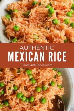 mexican rice with peas in a white bowl and the title overlay reads authentic mexican rice