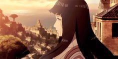 a woman with long black hair standing in front of a cityscape and looking at the sky