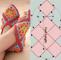 crocheted slippers are shown next to an origami pattern for someone's feet