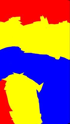 an abstract painting with blue, yellow and red colors