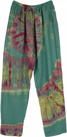 Green Jade Tie Dye Tapered Lounge Pants | Green | Split-Skirts-Pants, Tie-Dye, Bohemian Casual Green Harem Pants For Summer, Casual Green Harem Pants For Vacation, Green Cotton Harem Pants For Vacation, Spring Beach Green Harem Pants, Hippie Harem Pants For Spring Loungewear, Green Cotton Vacation Pants, Green Bohemian Relaxed Fit Harem Pants, Green Relaxed Fit Pants For Vacation, Summer Green Harem Pants With Elastic Waistband