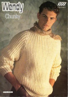 a young man wearing a sweater with a bow on the neck and shoulders, in knitting pattern for men's chunky