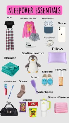 a poster with the words sleepover essentials in english and spanish, including pajamas, shoes, blankets, socks, pillows