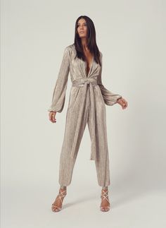 Modern Mother Of The Bride Jumpsuit, Metallic Jumpsuit, Glamorous Metallic Jumpsuit For Night Out, Elegant Fitted Metallic Jumpsuit, Glamorous Metallic Jumpsuit With Sequins, Elegant Gold V-neck Jumpsuit, Luxury V-neck Loungewear Jumpsuits And Rompers, Fancy Jumpsuit, Sparkly Fashion