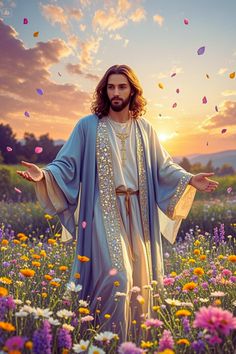 jesus standing in a field full of flowers with his arms spread out to the side