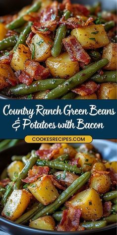 two pictures of green beans and potatoes with bacon