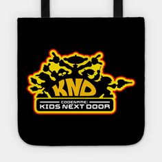 the kid's next door logo on a black tote bag