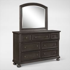 a dresser with a mirror on top of it and drawers below the dresser is an antique style