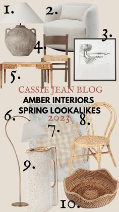 an advertisement for a furniture store featuring chairs, tables and vases with numbers on them