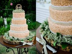 the wedding cake is decorated with baby's breath flowers