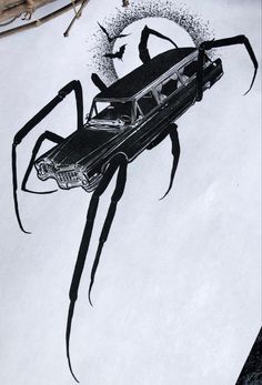 a black and white drawing of a spider on top of a car in the air