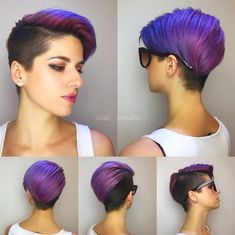 Vivid Pixie Hair, Colorful Pixie Hair, Edgy Short Hair Round Face, Hair Cuts Ideas Short, Pixie Cut Hair Color, Purple Haircut, Short Blue Hair, Pixie Haircut Ideas