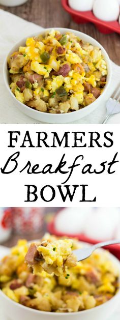 two bowls filled with different types of food and the words farmers breakfast bowl above them