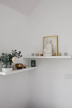 two white shelves with vases and plants on them