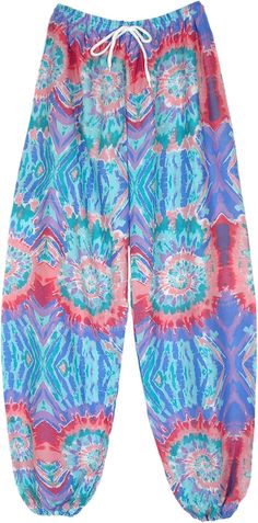 A fresh new style in hippie harem pants that looks like an artistic tie-dye, but it's actually printed.  The colors are mainly aqua blue, pink and red in a splashy style tie-dye print. #tlb #SplitSkirtsPants #beachwrap #Printed #SummerPants #BeachPants Yoga Harem Pants, Tie Dye Fashion, Hippie Look, Tie Dye Outfits, Trendy Skirts, Split Skirt, Blue Coral, Rayon Pants, Bridesmaid Outfit