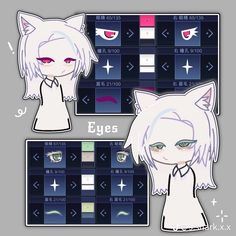 an anime character with white hair and green eyes in front of a screen showing the various expressions