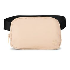 a beige fanny bag with black straps