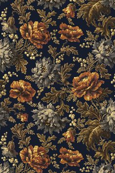 an image of a wallpaper with flowers and leaves in gold, blue, brown and white colors