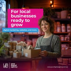 a woman standing behind a counter holding a box with food in it that says for local businesses ready to grow