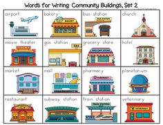 the words for writing community buildings set 2 are in english and spanish, along with pictures of shops