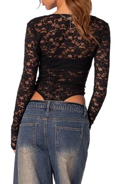 This flirty, casual-cool set features a bandeau bra top with a matching lace bodysuit that's perfect for a night-out look. Bandeau is strapless Bodysuit is sheer; long sleeves; high-cut legs 95% polyester, 5% spandex Machine wash, dry flat Imported Stretch Lace Crop Top For Night Out, Fitted Tops With Lace Closure, Backless Lace Top For Night Out, Summer Night Out Tops With Lace Closure, Fitted Summer Tops With Lace Closure, Summer Tops With Lace Closure For Night Out, Fitted Tops With Lace Closure For Summer, Summer Lace Closure Top For Night Out, Backless Lace Trim Bodysuit For Night Out