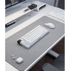 a computer desk with a keyboard, mouse and cell phone on it in front of a monitor