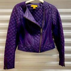 Gorgeous Color!!! Purple Leather With Canvas And Quilted Details. Fits Slim To The Body. Size 4 Is Ok. Chic Quilted Leather Jacket, Quilted Fitted Biker Jacket With Long Sleeves, Fitted Quilted Biker Jacket With Long Sleeves, Fitted Purple Leather Jacket For Fall, Quilted Fitted Biker Jacket For Fall, Fitted Quilted Biker Jacket For Fall, Quilted Fitted Leather Jacket For Fall, Fitted Quilted Leather Jacket For Fall, Quilted Fitted Leather Jacket