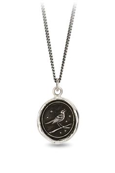 a necklace with a bird on it and a star in the sky, hanging from a ball chain