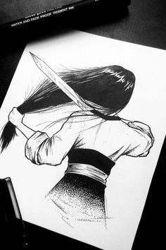 a black and white drawing of a girl with a knife in her hair, on top of a table