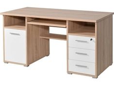 an office desk with two drawers and a shelf on the top, in white and light wood