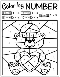 the color by number bear is holding a heart in his hands and wearing a hat