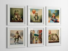 four framed pictures hanging on the wall with different animals and frog paintings in them,