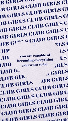 an advertisement for girls'club in blue and white with the words girls club printed on it