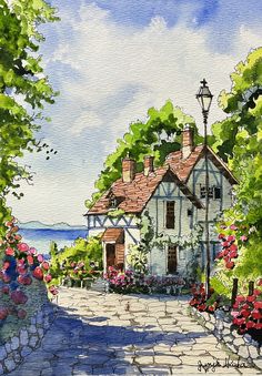 a watercolor painting of a house and flowers