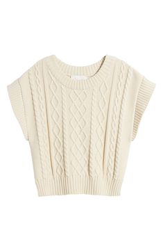 A layering essential, this creamy sweater is knit from soft organic-cotton yarn with textural cable stitches. Crewneck Short sleeves 100% organic cotton Dry clean Imported Cotton Pointelle Knit Sweater For Layering, Cotton Cable Knit Top For Fall, Cable Knit Tops For Layering With Relaxed Fit, Fall Cotton Cable Knit Top, Relaxed Fit Cable Knit Top For Layering, Crew Neck Cable Knit Top, Cable Knit Crew Neck Top, Fall Cable Knit Cotton Top, Cozy Crew Neck Sweater Vest For Layering