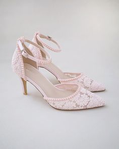 "Crochet Lace Wedding Collection. Vintage inspired pointed toe crochet lace with mini pearls all around. The delicate mini pearl beads are placed carefully by hand to create a graceful classic bridal shoe. Available in 3 colors. DETAILS: HEELS: 3 inches COLORS AVAILABLE: Dusty Pink, Ivory, and White UPPER: Synthetic upper and lining MATERIALS: Manmade outsole ORIGIN:  Imported STYLE NAME: EVA Not sure of which size to purchase? Shoes measurements are as follow: (Please note measurements taken the length of inside of shoe from toe to heel). Size 5 - 9.5\" Size 6 - 9.875\" Size 7 - 10.125\" Size 8 - 10.375\" Size 9 - 10.75\" Size 10 - 11.125\" Size 11 - 11.375\" Please note all these infos are intended for general reference and are to be used as a guide only. Age and size will vary. Measurem Pink Bridal Shoes, Women Wedding Shoes, Shoes Editorial, Shoes Bridesmaid, Wedding Shoes Bridesmaid, Pink Wedding Shoes, Bridal Shoe, Heels Aesthetic, Flower Girl Shoes