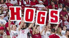 a group of people holding up signs with the word hogs on them in front of a crowd