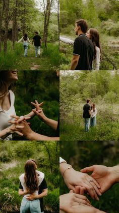 two people standing in the woods with their hands on each other's chests