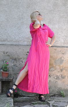 "Linen Dress, Pink Dress, Maxi Dress PINK maxi shirt- dress. Summer 100% linen dress, tunic, long shirt, or caftan.... Casual new fashion trend. Long day dress. Comfortable and unique. LINEN shirt. QUALITY linen fabric. Asymmetric dress. The fabric is forward and reverse. All linen cloths are pre-washed before they are sewn. I DO NOT CHARGE EXTRA MONEY for custom made items. The style I used was originally designed and professionally constructed by me. Each item of my shop has a special package. Cotton Maxi Shirt Dress For The Beach, Cotton Maxi Shirt Dress For Beach, Summer Beach Maxi Shirt Dress, Pink Linen Bohemian Dresses, Pink Bohemian Linen Dress, Bohemian Pink Linen Dresses, Casual Pink Linen Vacation Dress, Casual Pink Linen Dress For Vacation, Pink Cotton Shirt Dress For Summer