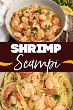 shrimp scampp pasta in a white bowl with lemons and parsley